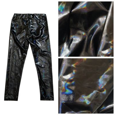 Holographic Patent Faux Leather High-Rise Stretch Leggings Womens Med Black NEW